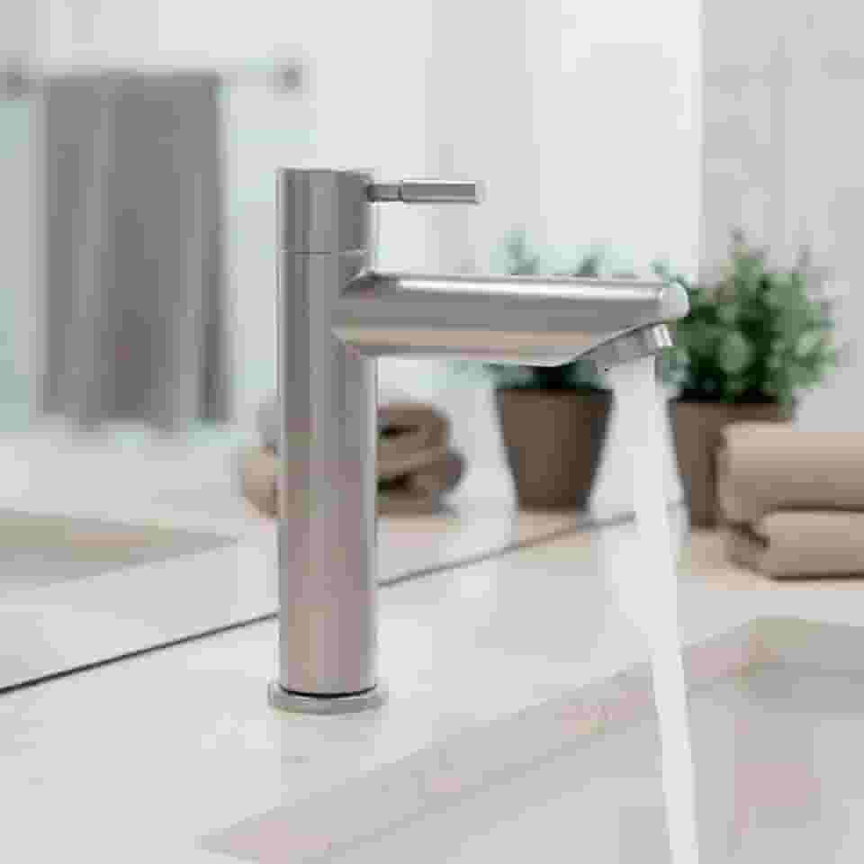 Torneira Para Banheiro De Mesa Bica Baixa 1/4 De Volta Aço Inox 304 Escovado Elegance Beltempo