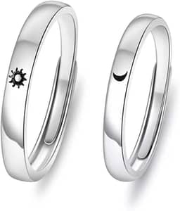 Alianças Casal Sol e Lua, Anéis Ajustáveis em Prata, Conjunto de 2 Peças