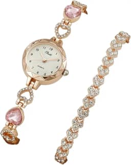 Conjunto Feminino Relógio + Pulseira ¨Afeto¨ – Corações com Zircônias – Estilo Romântico e Delicado – Cor Rosa – Feminino – 20cm – Acompanha Relógio e Pulseira