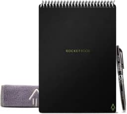 Bloco de Notas Rocketbook Flip – com 1 caneta Pilot Frixion e 1 pano de microfibra incluído – capa preta, tamanho carta (21,5 x 28 cm)