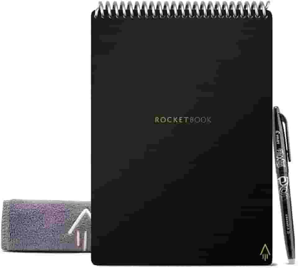 Bloco de Notas Rocketbook Flip – com 1 caneta Pilot Frixion e 1 pano de microfibra incluído – capa preta, tamanho carta (21,5 x 28 cm)