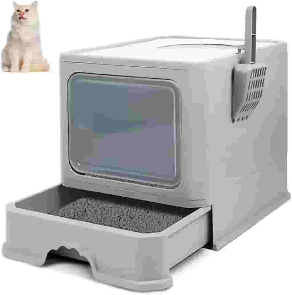 Caixa de Areia para Gatos, 50x40x40CM, Cinza, Fechada, Grande Capacidade, Porta Transparente de Abertura Dupla