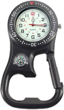 Relógio masculino feminino com clipe de mosquetão e bússola para aventuras ao ar livre com bolso luminoso, Preto