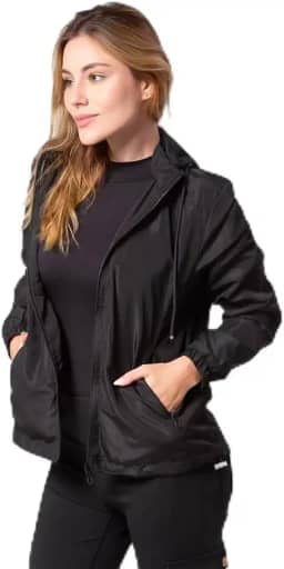 Jaqueta Corta Vento Feminina Impermeável, 100% Poliéster, com Capuz Removível e Bolsos com Zíper, Preta