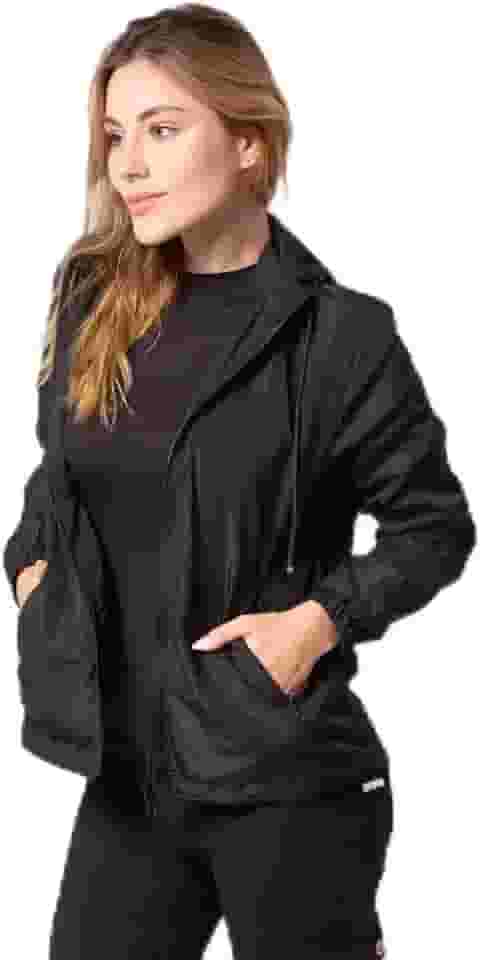 Jaqueta Corta Vento Feminina Impermeável, 100% Poliéster, com Capuz Removível e Bolsos com Zíper, Preta