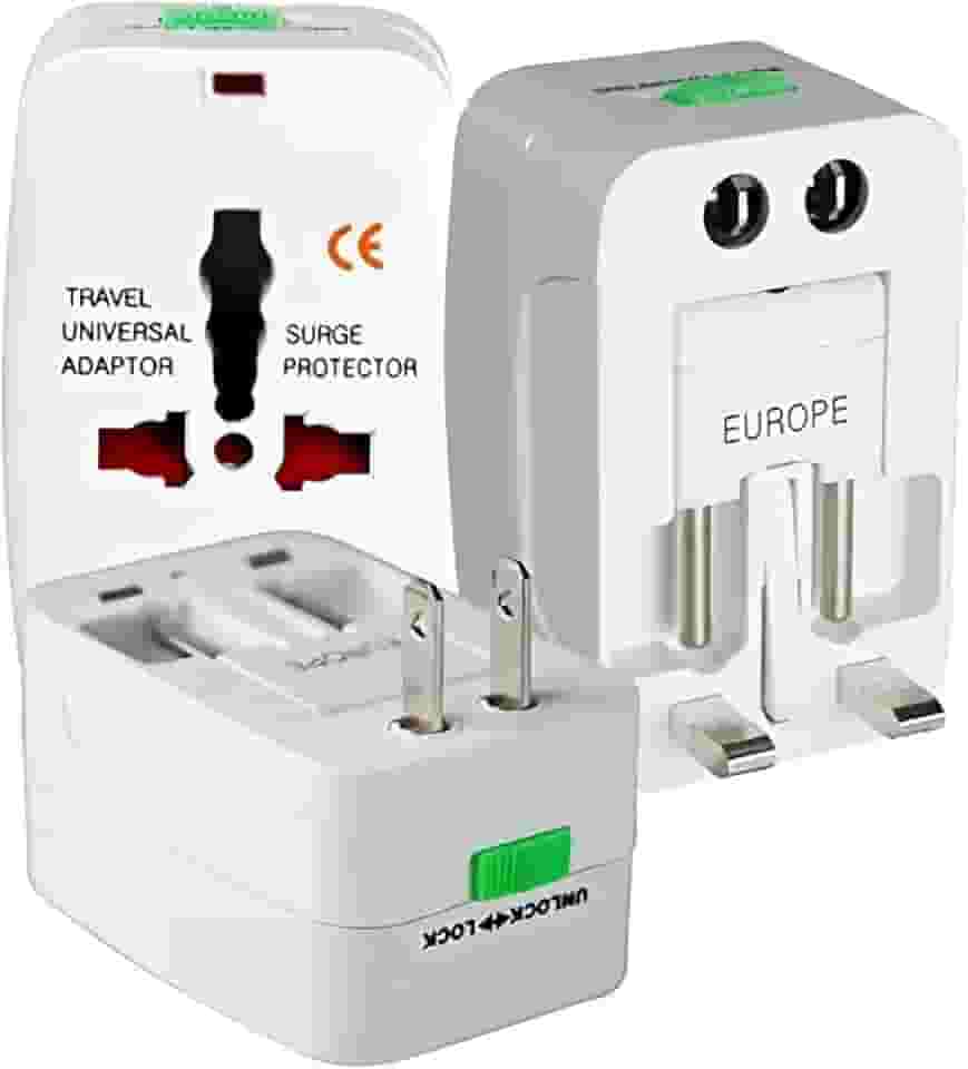 Adaptador de Tomada Universal Para Viagem Padrão Internacional Europa UK Asia EUA JP AU EU Europeu 3 Pinos Mais de 150 Países Bivolt Trava de Segurança Portátil Ajustável (Kit 2 unidade)