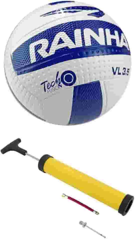 Bola de Vôlei Profissional Rainha Texturizada 3.5 Azul e Branca Oficial + Bomba de Ar Manual | Costurada | Toque Macio | Câmara Butílica | Ideal para Treino, Jogos, Lazer, Quadra e Areia.