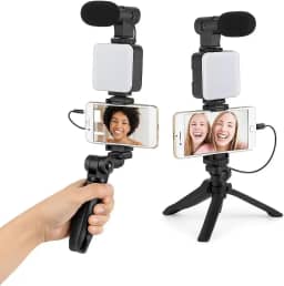 Kit de Gravação de Vídeos AY-49 com Microfone Direcional, Luz LED, Tripé e Suporte para Celular – Ideal para Vlogs, Lives e Entrevistas