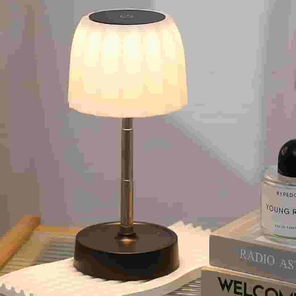 Luminária de Mesa LED Touch, Retrátil, Recarregável, 3 Temperaturas de Cor, Base Preta, Cúpula Branca (Forma C)