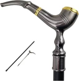 Bengala de Defesa Estilo Cachimbo com Punhal Oculto, Cinza Metálico e Dourado, Bastão para Caminhada com Acessórios