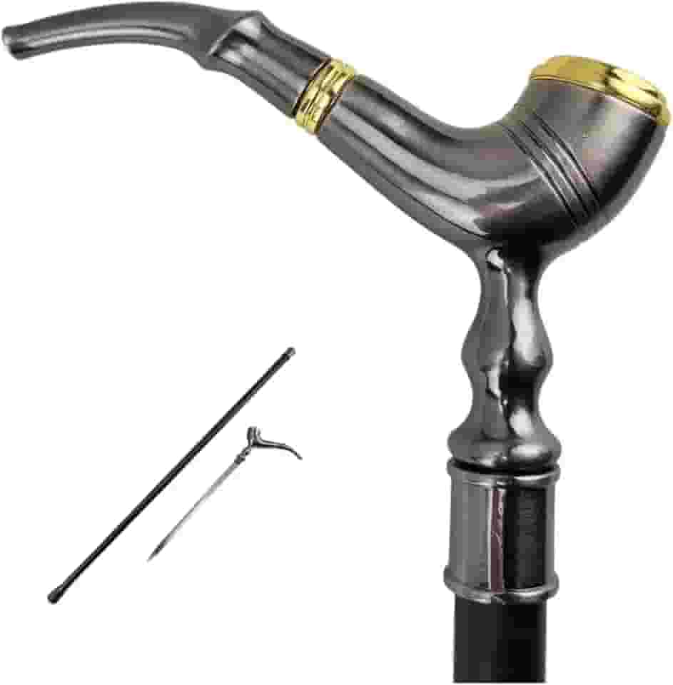 Bengala de Defesa Estilo Cachimbo com Punhal Oculto, Cinza Metálico e Dourado, Bastão para Caminhada com Acessórios