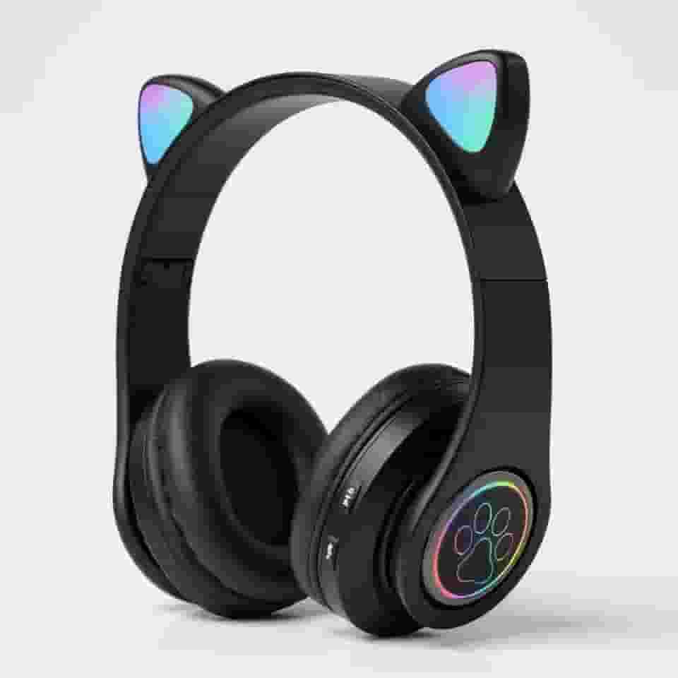 Fone de Ouvido Infantil Bluetooth com Orelhas de Gato, Luzes RGB, Dobrável, Ajustável, Conforto Prolongado e Conectividade Multiuso (Preto)