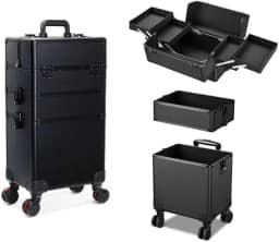 Maleta Mala de Maquiagem Profissional Com Divisórias e Rodinha 360 Graus 3 Andar Preta MS814 914P