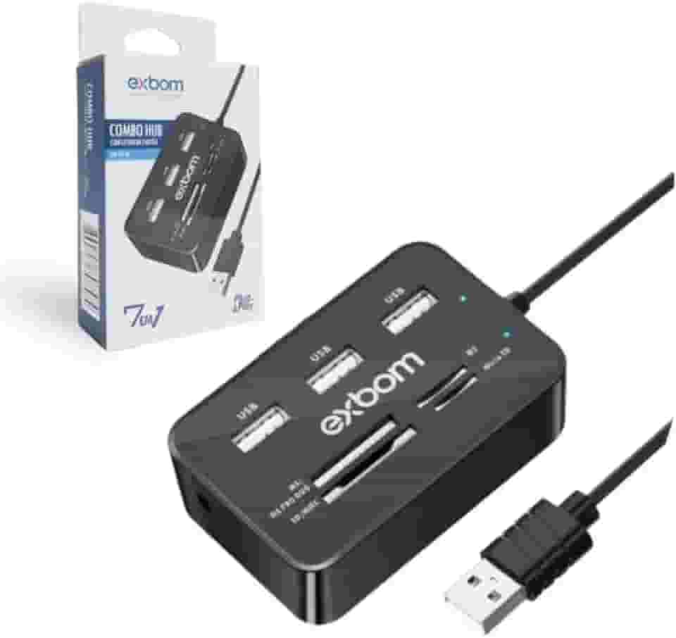 HUB 7 em 1 com 3 Portas USB 2.0 Extensor e Leitor de Cartão de Memória MS/MS PRO DUO/SD/MMC/Micro SD / M2 EXBOM UH-R230