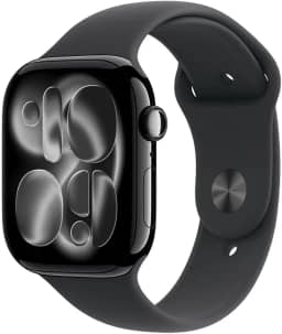 Apple Watch Series 11 GPS, Caixa em alumínio preto brilhante de 46 mm com Bracelete desportiva preta - M/G