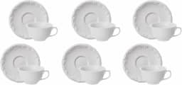 Estojo com 6 Xícaras Chá com Pires sem Pé em Porcelana - Modelo Redondo com Relevo Pomerode - Branca - fabricado pela Schmidt