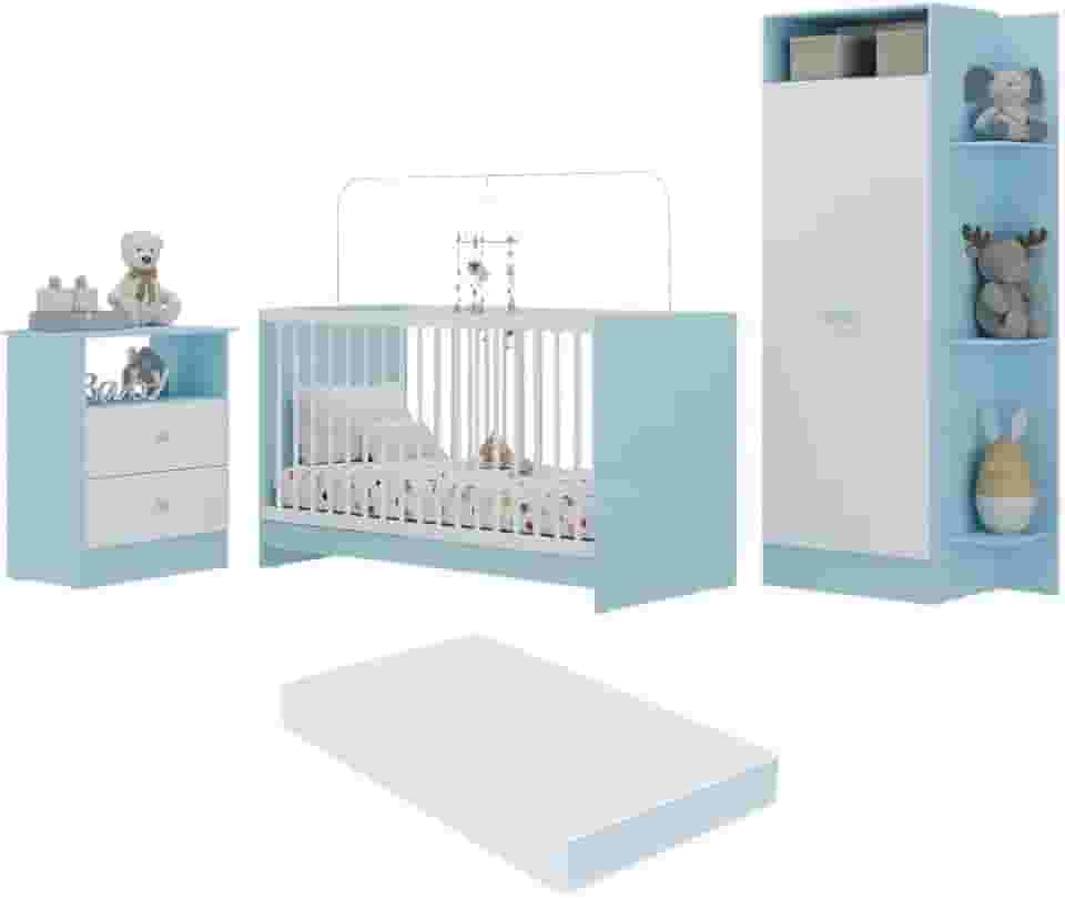 Jogo de Quarto Infantil com Colchão Incluso Trevalla Móveis Pom Pom - Azul/branco