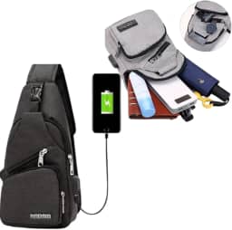 Mochila Bag, Transversal,Impermeável, com Entrada USB,Múltiplos Compartimentos, Anti-Roubo, Moderna e Funcional,Preta e Cinza