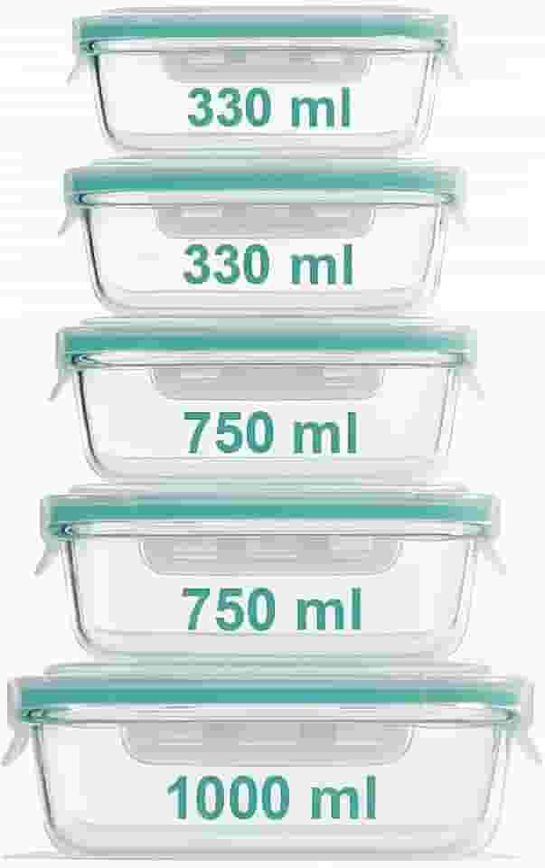 Conjunto 5 Potes de Vidro Herméticos com tampa, 5 peças 330ml,750ml, 1000ml - Tampas com 4 Travas Reforçadas, Freezer e Marmita Fitness