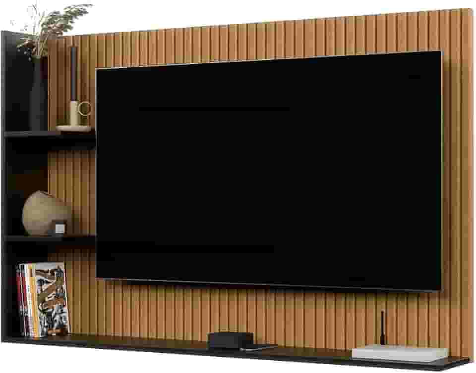Painel Para TV 50 Polegadas Smart Para Sala Quarto Nicho Com Prateleira Berlim - Quality Móveis (Ripado/Preto)