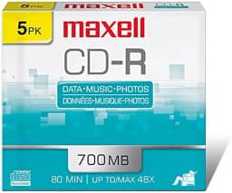 Maxell Disco CD-R de substrato de policarbonato 648205 – mídia de alta qualidade para armazenamento de dados, música e arquivamento – capacidade de 700 MB/80 min com velocidade de gravação 48x – 5 pacotes com estojos de joias