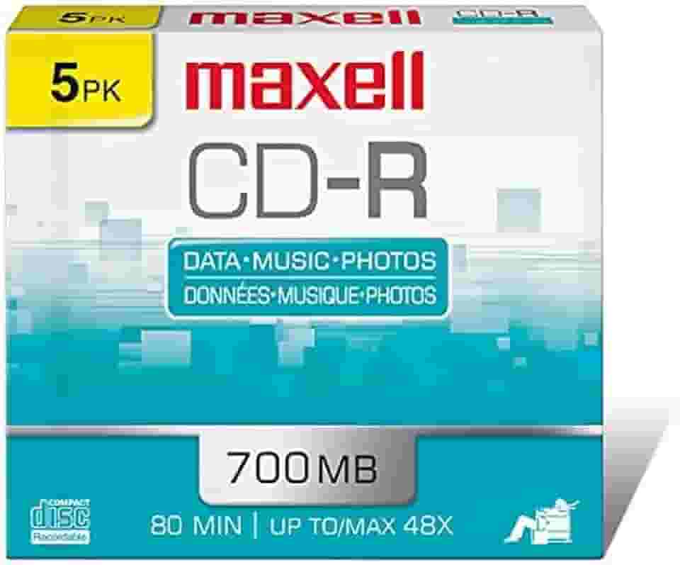 Maxell Disco CD-R de substrato de policarbonato 648205 – mídia de alta qualidade para armazenamento de dados, música e arquivamento – capacidade de 700 MB/80 min com velocidade de gravação 48x – 5 pacotes com estojos de joias