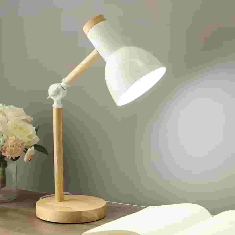 Luminária de Mesa Articulada Retrátil com Base em Madeira Natural (Branco)