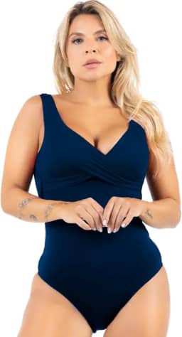 Maiô Feminino Moda Praia Body Transpassado Bicolor Afina Silhueta Com Bojo Alta Sustentação Malha Poliamida Chapa Barriga