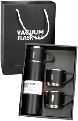 Kit Garrafa Termica Inox Isolada a Vacuo Parede Dupla Com Tampa Caneca e 2 Canecas 500ML Para Quente Gelado (Kit Preto)