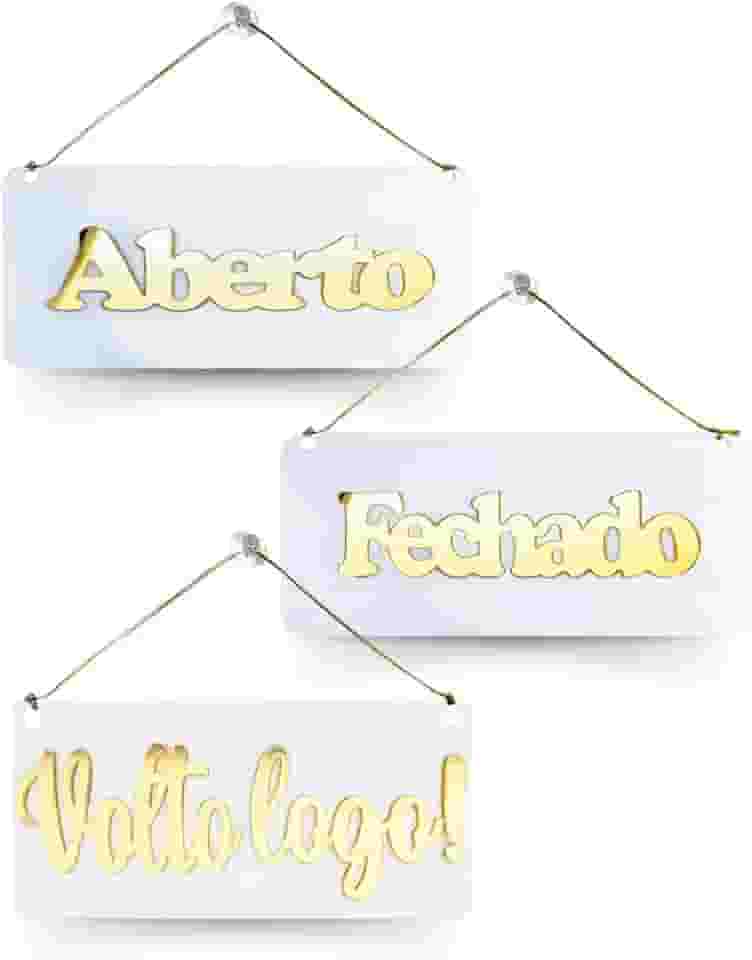 Placas Acrílico Aberto Fechado + Volto Logo Branco e Dourado
