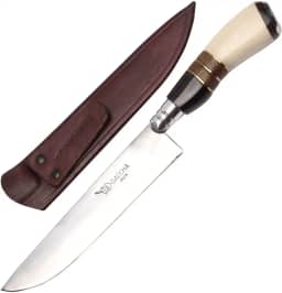 Facas Gaúcha, 1008OMC, Faca Gaúcha Churrasco 8' Cabo Curvo Chifre Madeira Osso, cor Inox, Couro