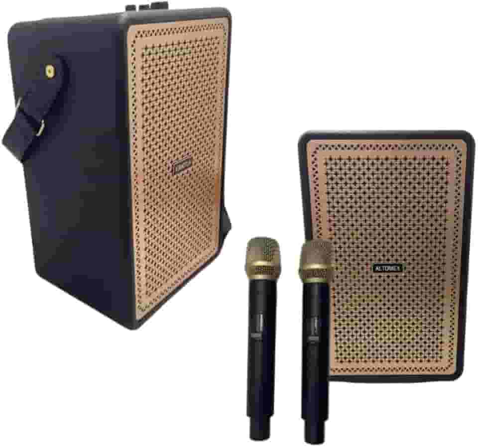 Caixa de Som Karaokê Bluetooth sem Fio com 2 Microfones, 100W PMPO, Bateria Recarregável, Luzes LED, Rádio FM, USB, Cartão SD, Portátil (Preto)