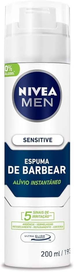 NIVEA MEN Espuma de Barbear Sensitive - Para peles sensíveis, alivia vermelhidão, com extrato de camomila e vitamina E, deslizamento suave da lâmina, reduz irritações, textura em espuma - 200ml