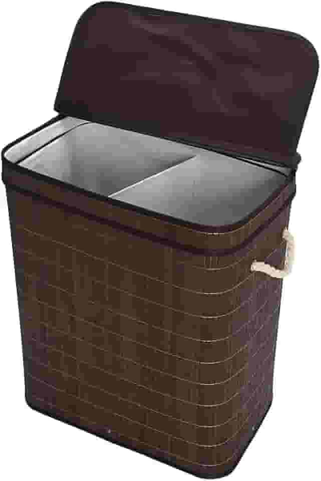 Mimo Style Cesto Duplo de Bambu Escuro Com Tampa para Roupas Sujas. Ideal para Lavanderia, Banheiro e Quarto. Impermeável e Ajuda a Inibir Odores, Material de Qualidade e Durável, BM20200