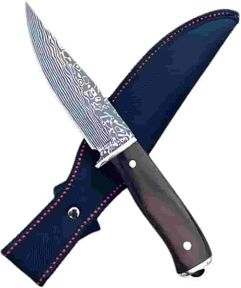 Canivete Artesanal em Aço Damasco, Cabo Rústico, com Bainha Azul Marinho