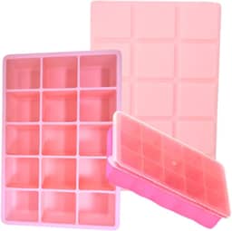 SYMEON Forma de Gelo Silicone Com Tampa Livre de BPA Flexivel 15 Cubos de 27ml Cada Prática Resistente e Reutilizável Forma Para Papinha Gelatina Frutas (FORMAGELO-ROSA)