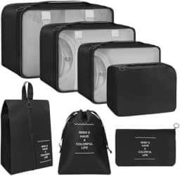 Kit Organizador de Malas para Viagem 7 Peças Conjunto Organizador Completo Bolsas Necessaire Sapatos Maquiagem Roupas Bagagem Organizada (Preto)