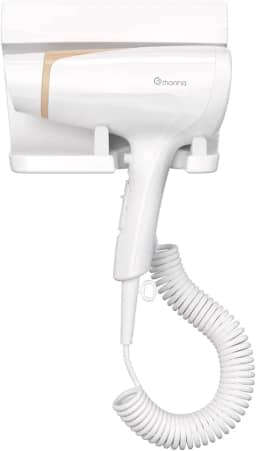 Secador de Cabelo de Parede 1800W 220V – Montagem na Parede, 2 Velocidades, Baixo Ruído, Ar Frio, Cabo Espiral, Uso em Banheiro/Hotel/Pousada, Material Antichamas