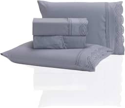 Jogo de Lençol Queen 3 Peças Percal 400 Fios Bordado Inglês - Tecido Acetinado, Macio e Confortável (Cinza, Queen)