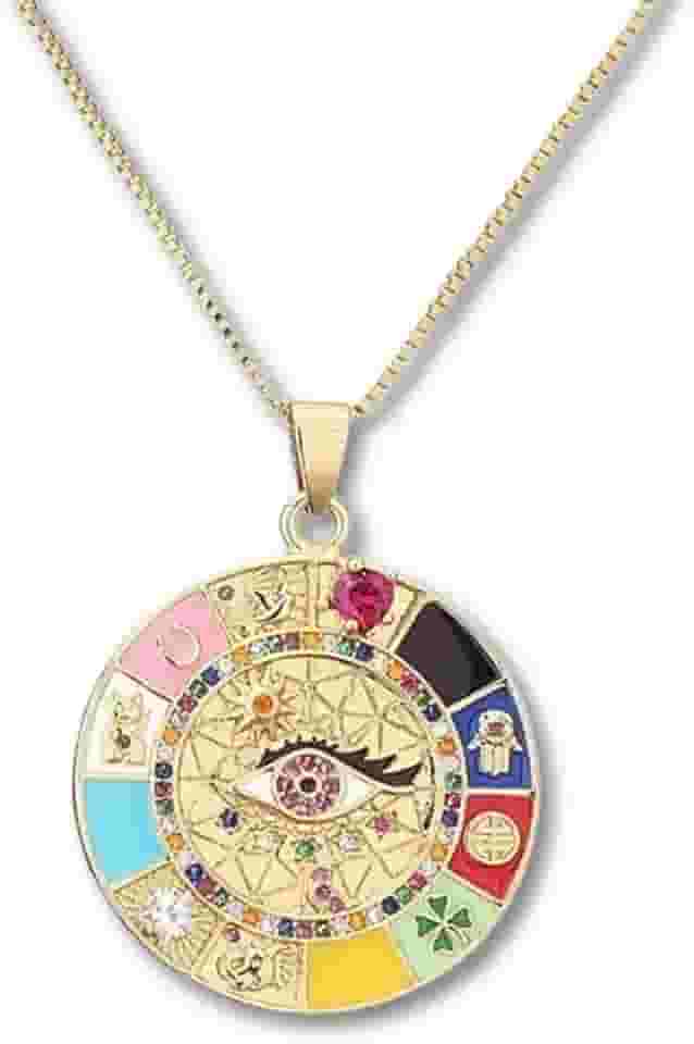 Colar Feminino Amuleto "Roda da Fortuna" com 13 Símbolos de Sorte, Proteção Espiritual e Fé, Banhado a Ouro 18k, Ajustável – Acompanha Bolsa de Veludo