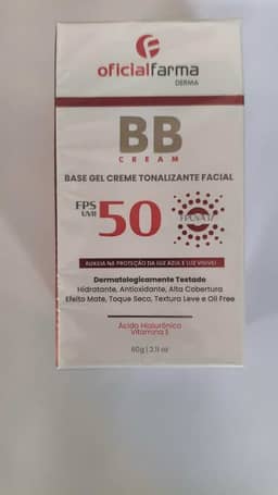 OFICIALDERMA BB Cream com Proteção Solar FPS 50, Base Tonalizante Hidratante, Ácido Hialurônico, Toque Seco, Natural, 60g