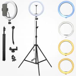 Ring Light LED 30 cm com Tripé 2,1 m, 3 Cores de Iluminação, Dimmer, Kit Iluminador- QHS