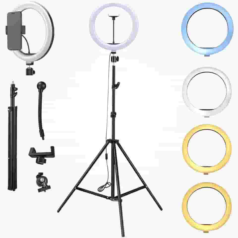 Ring Light LED 30 cm com Tripé 2,1 m, 3 Cores de Iluminação, Dimmer, Kit Iluminador- QHS
