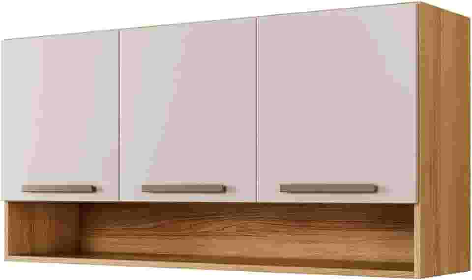 Armário Aéreo Suspenso Multiuso de Parede 3 Portas Plus (Off White/Cinamomo)