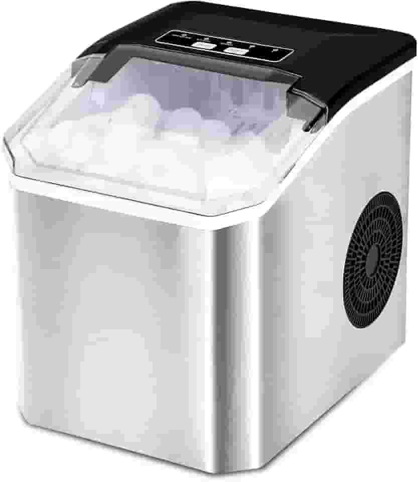 Maquina de Gelo Portatil Prata, 220V, 15Kg, e a Máquina de Gelo em Aço Inoxidável Produz 9 Cubos a Cada 8 Minutos, O Tamanho Dos Cubos de Gelo e Ajustável, Capacidade para Até 70 Cubos de Gelo