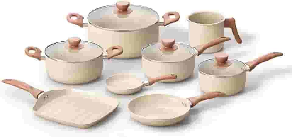 Oikos - Jogo com 8 Panelas Antiaderentes de Revestimento Cerâmica com Tampa de Vidro Terrara Bege com 5 Camadas para Fogão a Gás, Elétricos, Cerâmicos e Halogênio