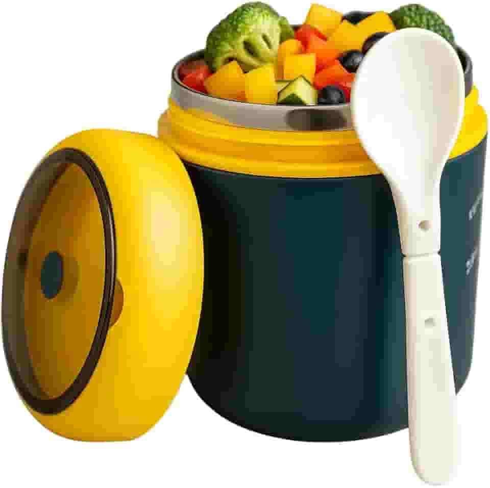 Pote Térmico Infantil 530ml Aço Inoxidável – Marmita Bebê com Colher, Mantém Quente ou Frio 8h, BPA Free, Para Escola, Passeios e Viagens Premium (Azul e Amarelo)