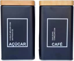 Kit 2 Potes Café e Açúcar Conjunto Lata Alumínio Tampa Imita Madeira Porta Mantimentos - SHACK