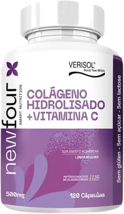 Colágeno Verisol com Vitamina C 520mg NewFour – 120 Cápsulas | Colágeno Hidrolisado Tipo 1 para Pele, Rugas e Flacidez | Elasticidade, Cabelos e Unhas | Sem Glúten, Açúcar e Lactose