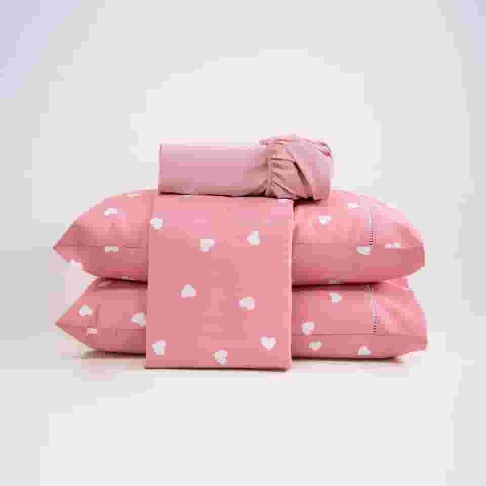 Jogo De Lençol Casal Queen King 4 Peças 100% Algodão Percal 200 Fios Estampado (Queen, Coração)